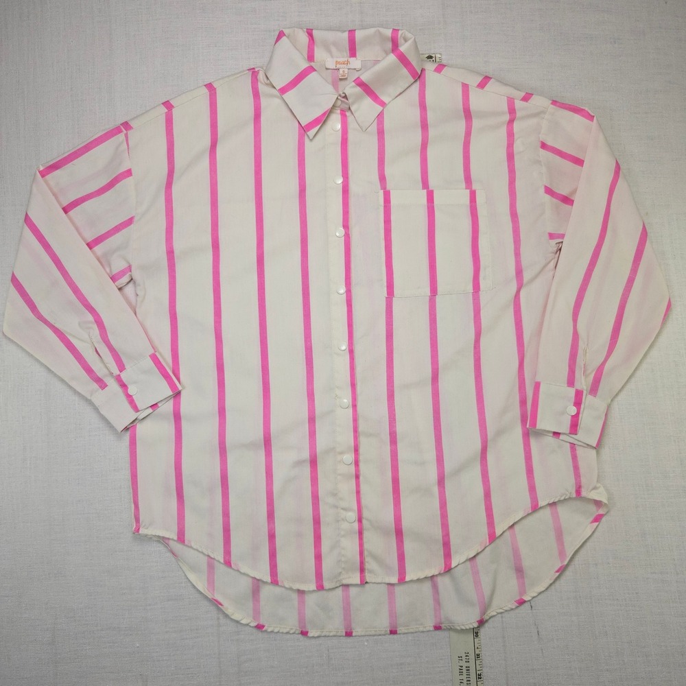 Peach Striped Snap Down Shirt Pink‎ Cream Women Size Small Oversized Long Sleeve